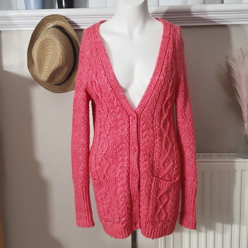 Aéropostale Vintage 2000's Cable Knit Neon Pink V Neck Midi Cardigan